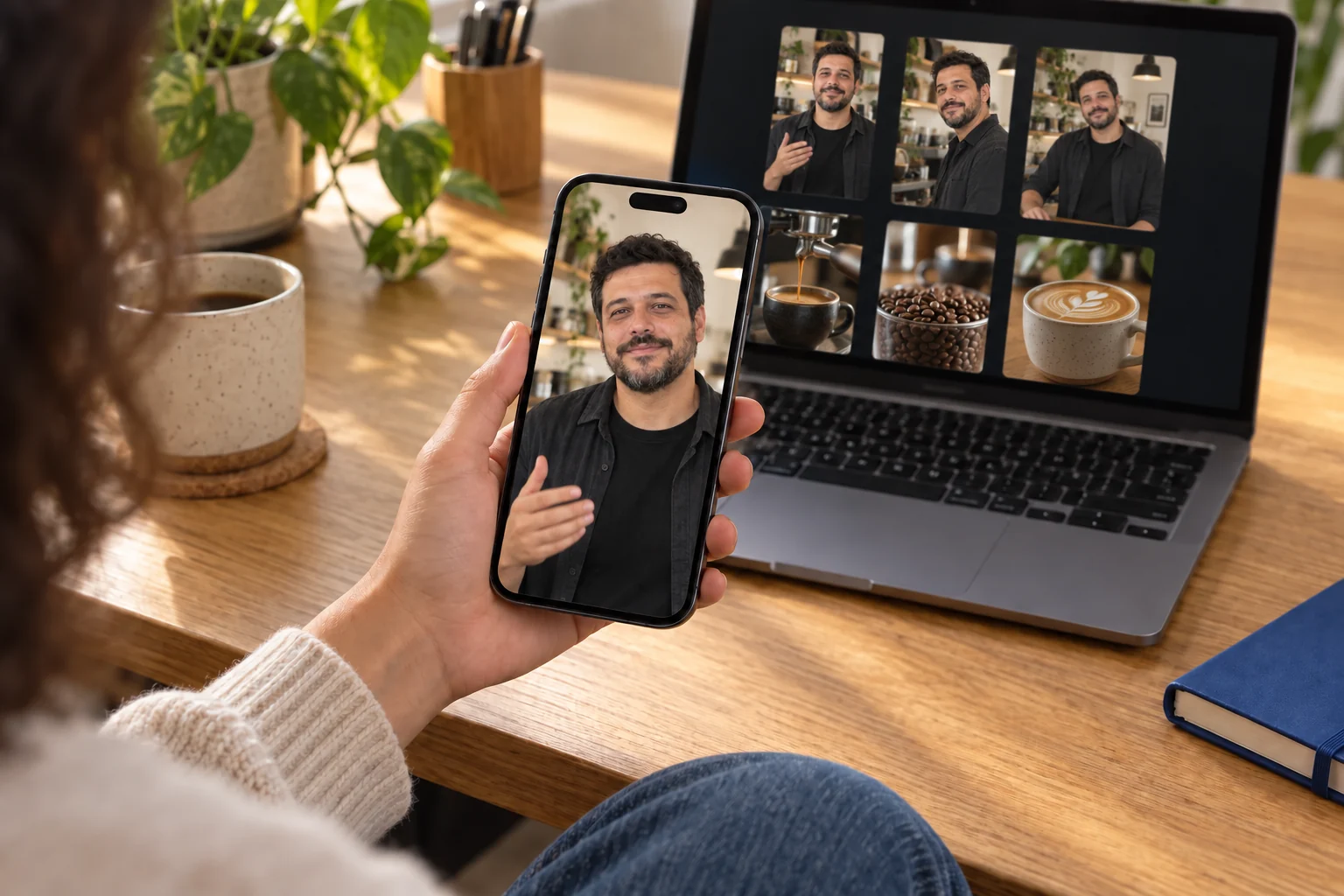 Cena ilustrativa: revisão de conteúdos do mesmo empreendedor e do seu negócio no celular e no notebook