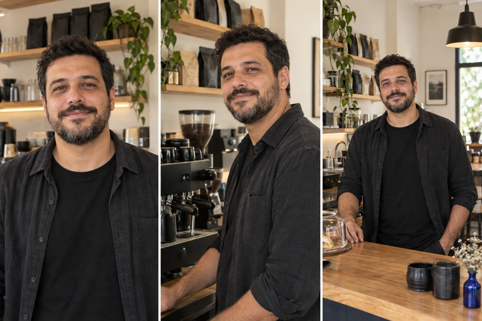 Exemplo ilustrativo: três fotos de um empreendedor no seu estabelecimento, em diferentes enquadramentos