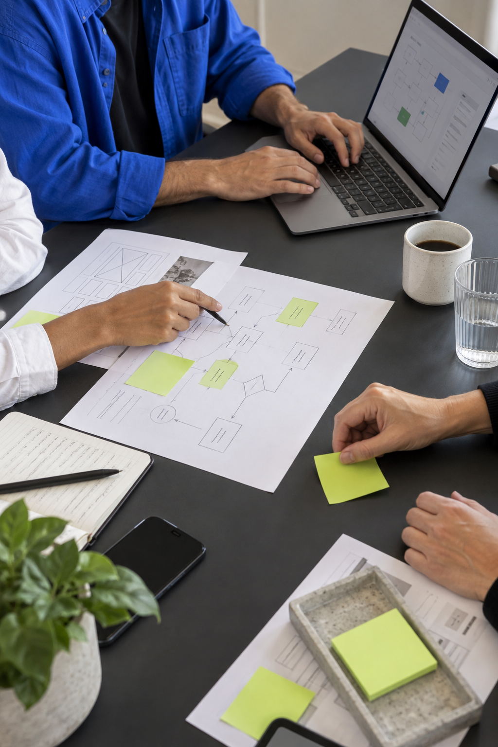 Cena ilustrativa de pessoas planejando um processo com um notebook e anotações